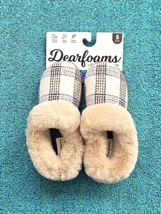 dearfoams Shoes - Dearfoams Knit Women's Tan Plaid Cozy Slip-On Slippers - Small 5-6